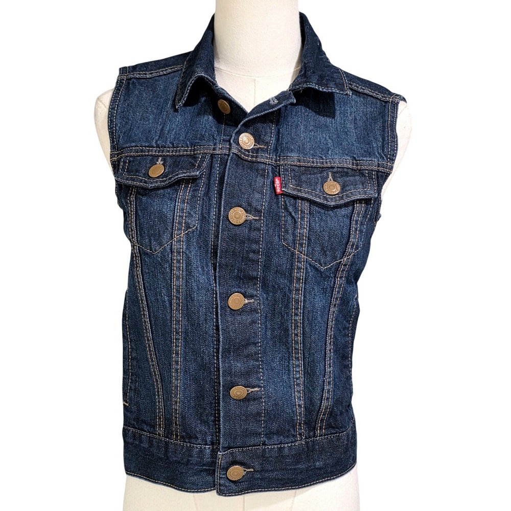 Levis Denim Trucker Vest Kids Small Blue Excellent Dark Wash Sleeveless Jacket‎